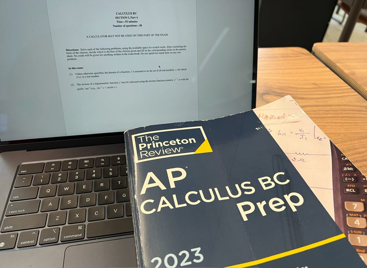An AP Calculus preparation book with a practice test in the background. April 23rd 2024, photographed by Jimmy Tsai.
