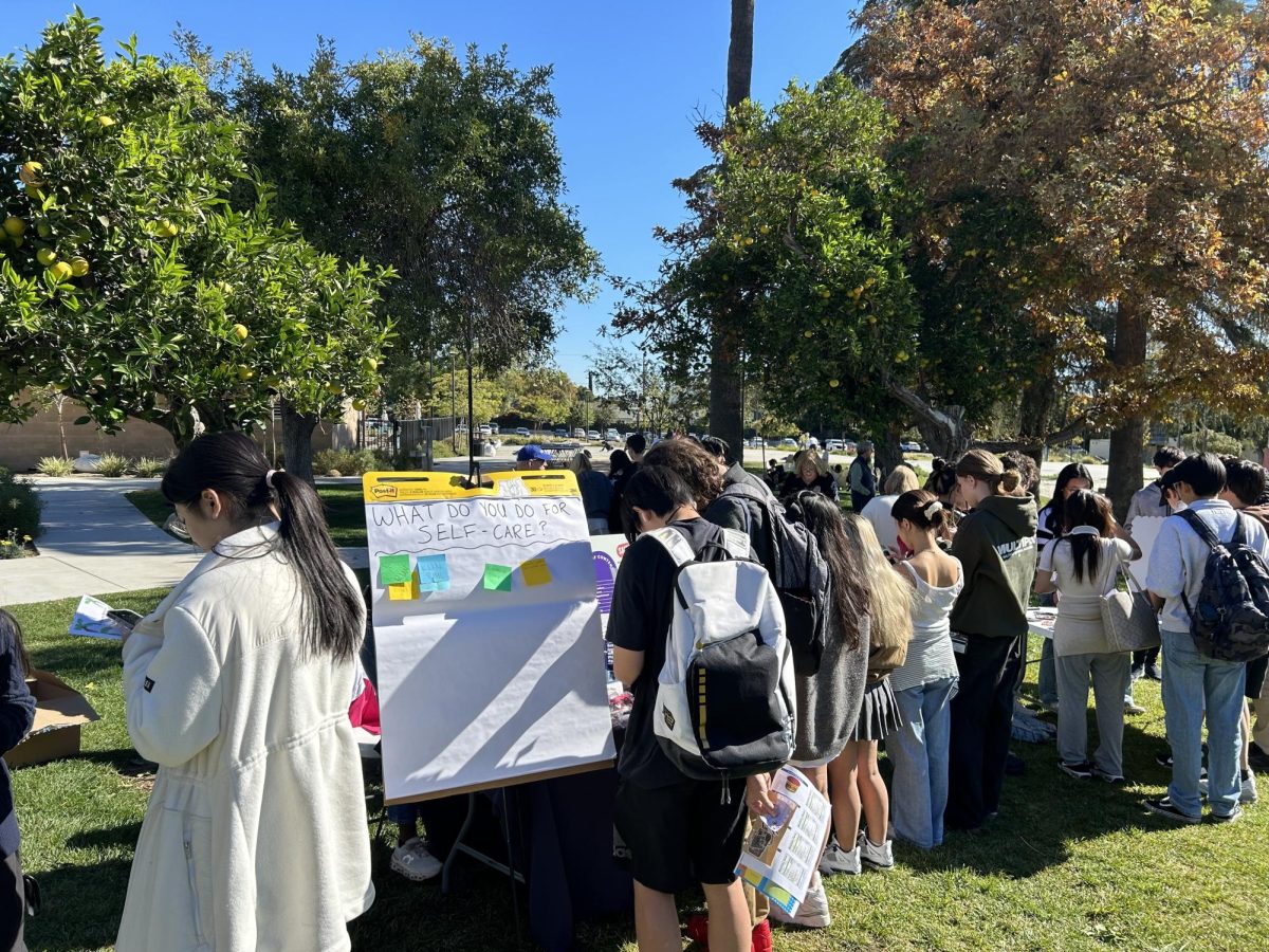 Students explore the self-care station, completing an activity to earn a stamp for a free acai bowl. A line has formed as they wait their turn, enjoying the chance to engage in self-care and earn a refreshing reward.