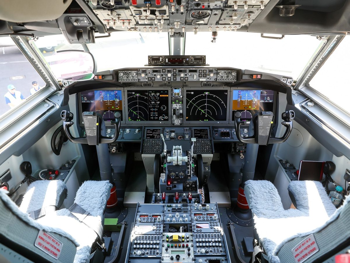 The cockpit of a Boeing 737 Max.