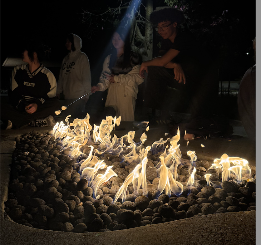 Students enjoying s'mores around the fire pit.