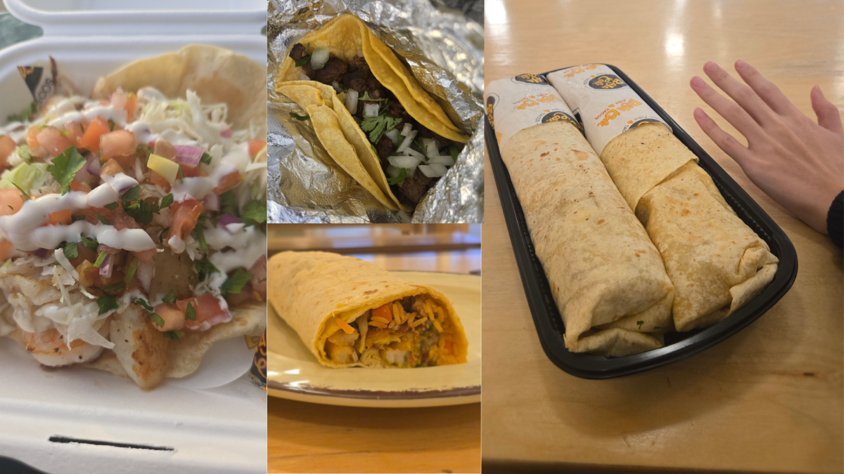 Selections of food from the restaurant: Baja Cali Fish Taco, Carne Asada Taco, and Super Baja Cali Burrito